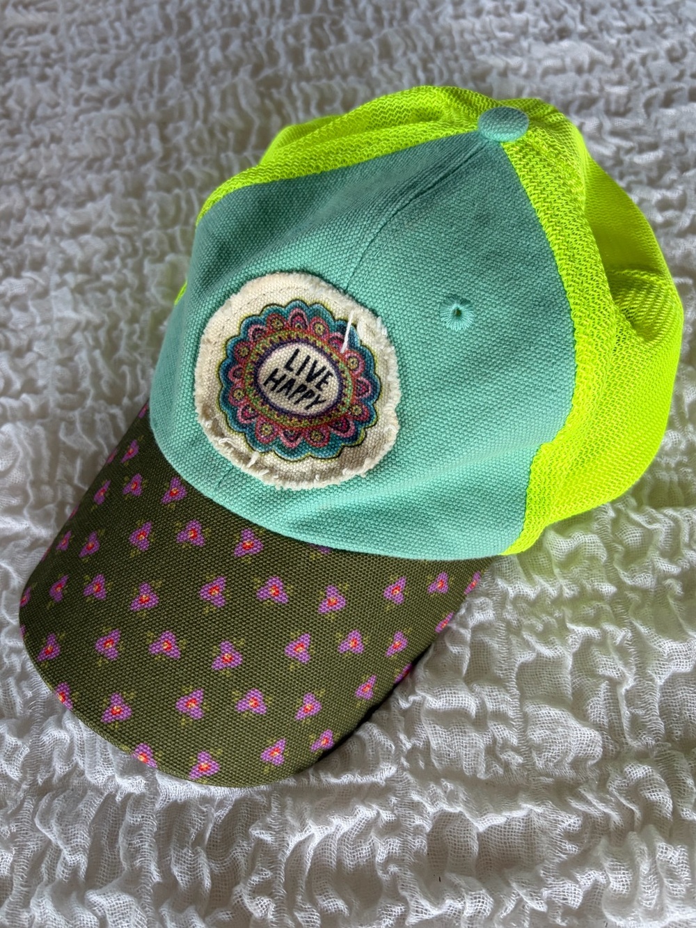 Natural Life Patch Trucker Hat - Aqua, Neon Yellow & Olive with Pink Accent